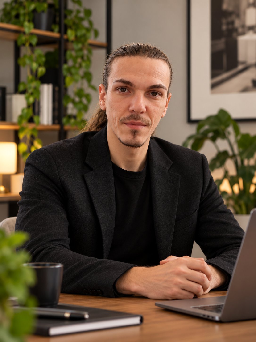 Florian-Cristian Serbanescu, founder of FCS Consult, seated at a desk in a warm professional workspace